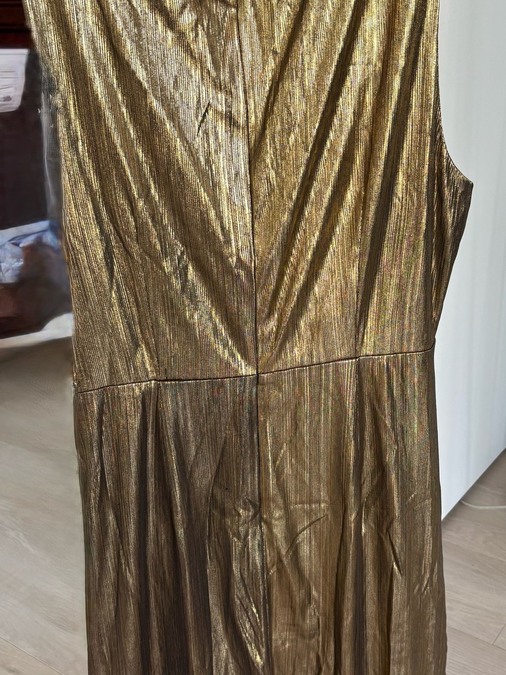 New York & Company Metallic Gold Draped Mini Dress size L - Picture 2 of 4